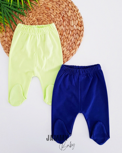Gekamde katoenen 2-delige broekset met voetjes - MARINEBLAUW-NEONGROEN