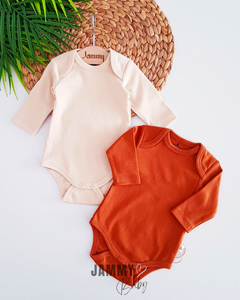 Gekamd katoenen lange mouwen 2-delig bodyset-BRUIN-BEIGE