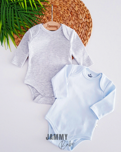 Gekamd katoenen lange mouwen 2-delig bodyset-BLAUW-GRIJS