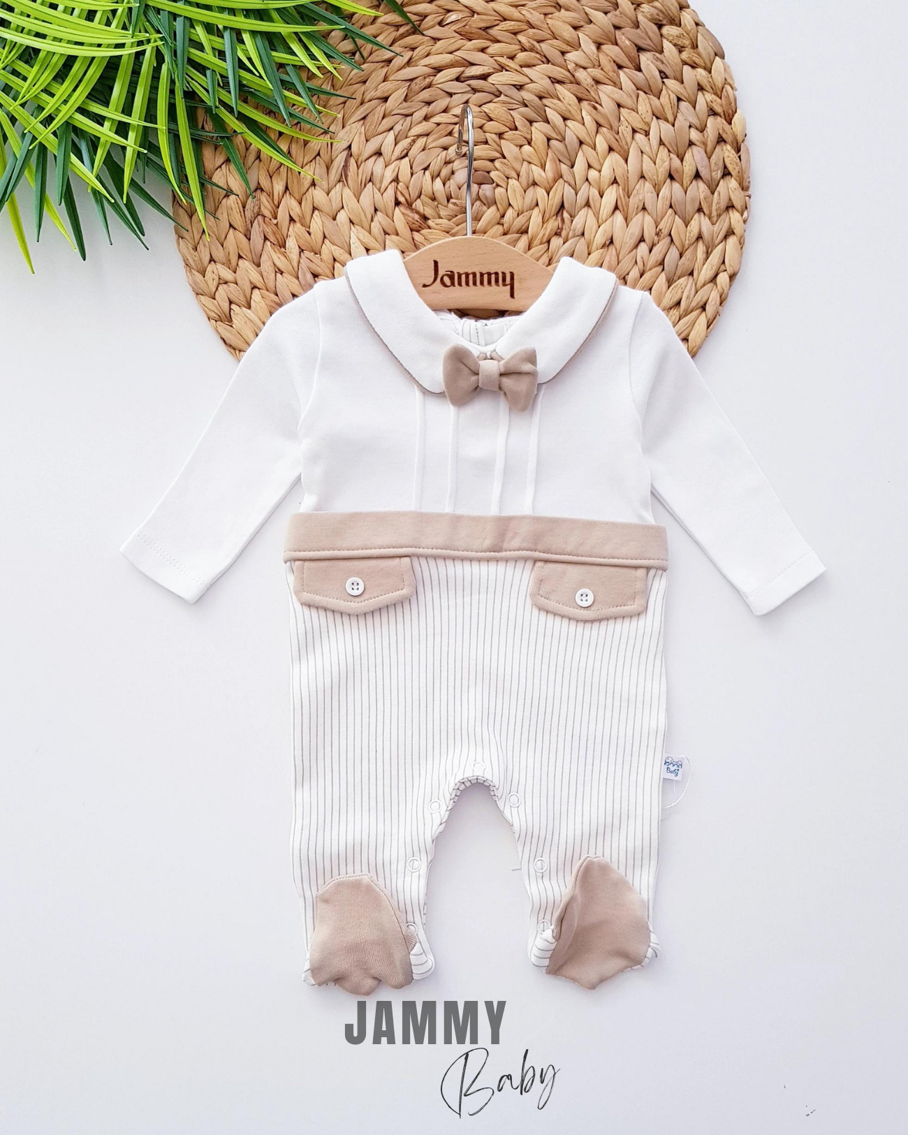 Çizgili Papyonlu Mevsimlik Tulum-BEIGE