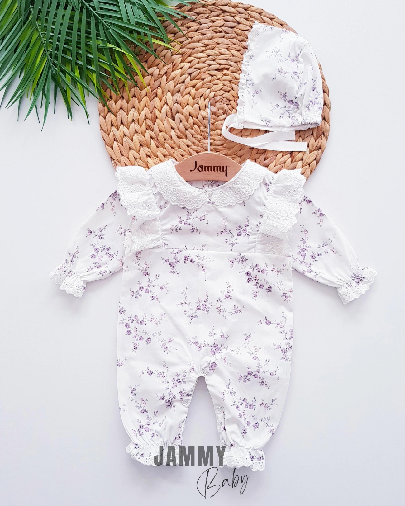 Tiny Roses Poplin Hat Jumpsuit Set-LILA