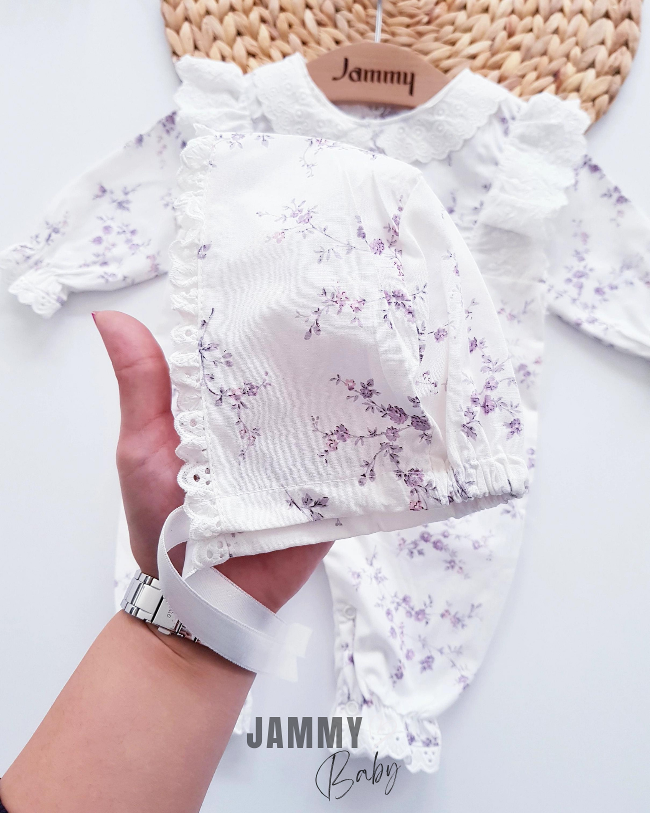 Tiny Roses Poplin Hat Jumpsuit Set-LILA