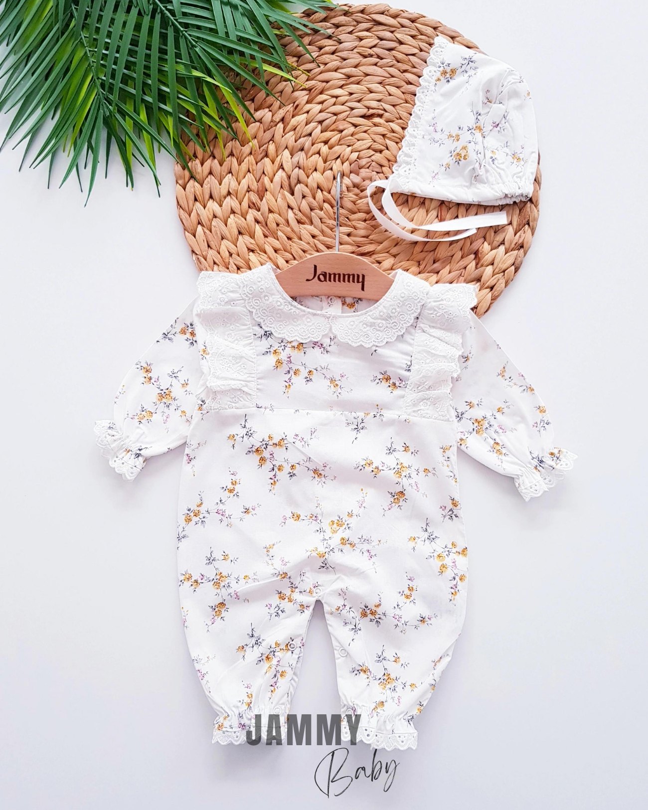 Tiny Roses Poplin Hat Jumpsuit Set-YELLOW