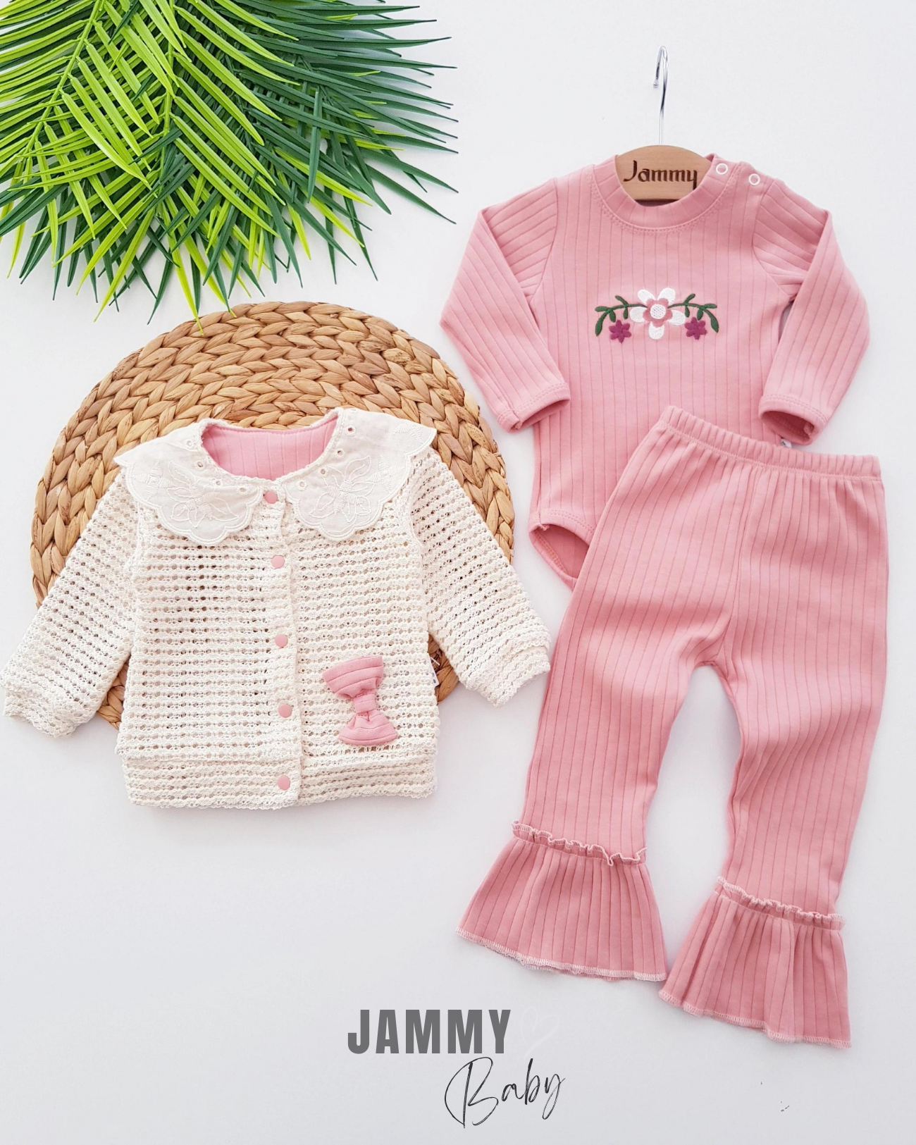 Örgü Hırka Çiçek İşlemeli İspanyol 3 Parça Set-DRY ROSE