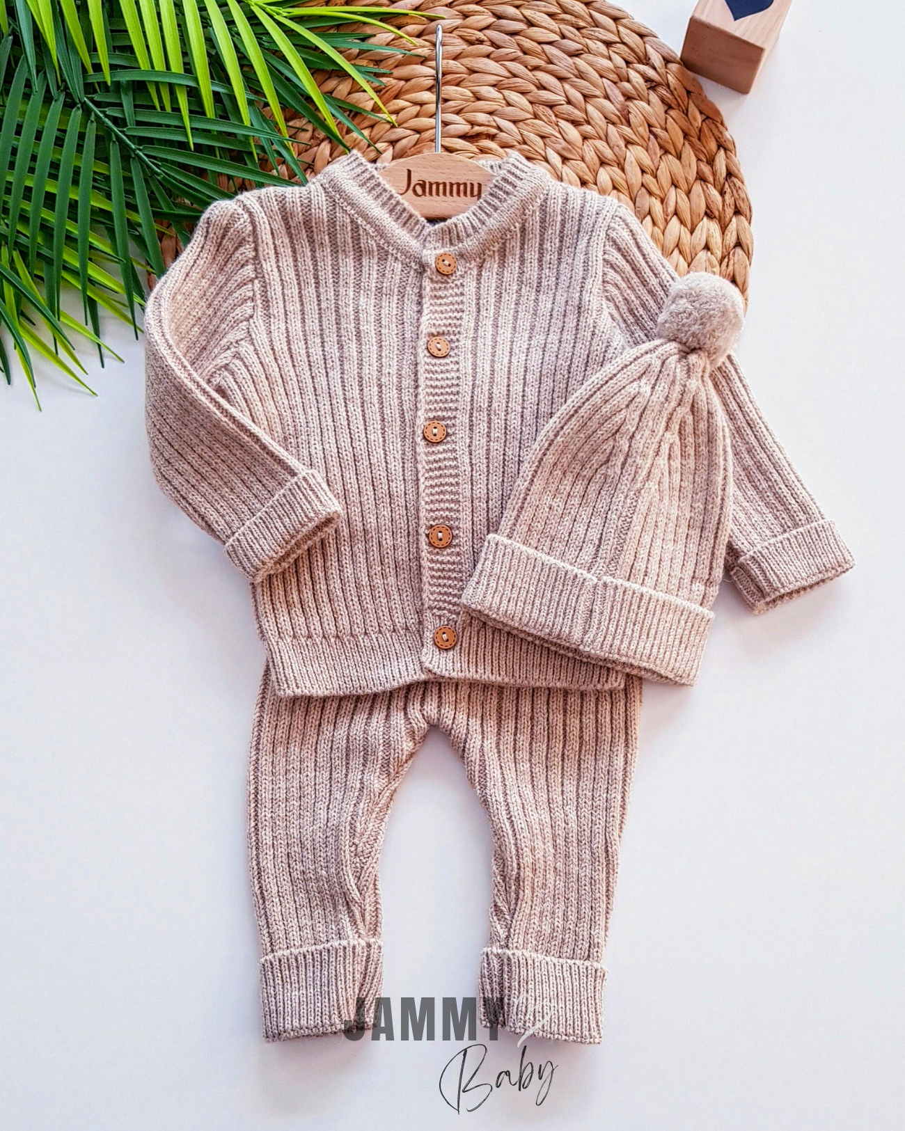 Ensemble Bonnet Cardigan Tricot Unisexe-BEIGE